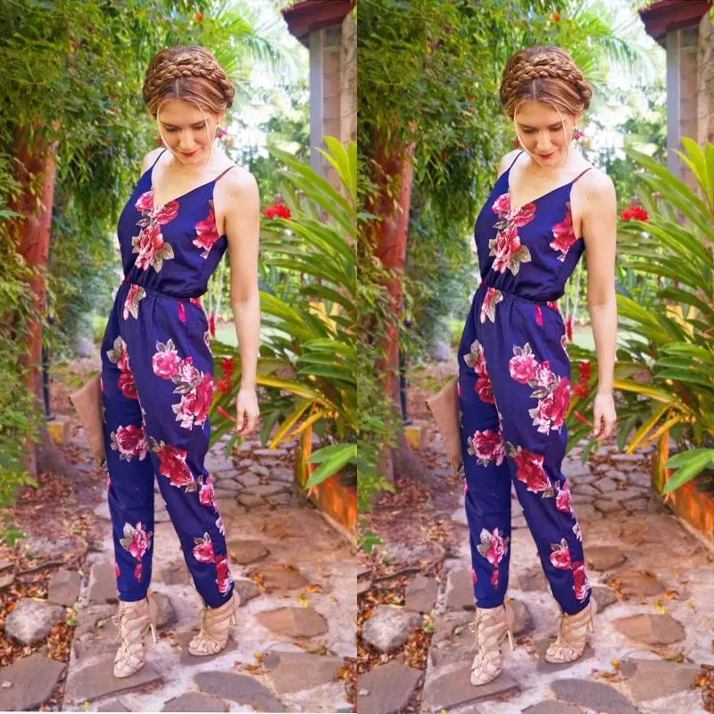 Женский Длинный комбинезон без рукавов с цветочным принтом летние длинные брюки