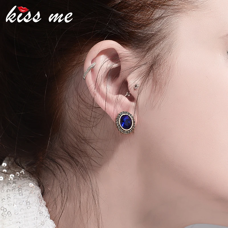 Женские серьги гвоздики с синим стеклом KISS ME овальные в Корейском стиле