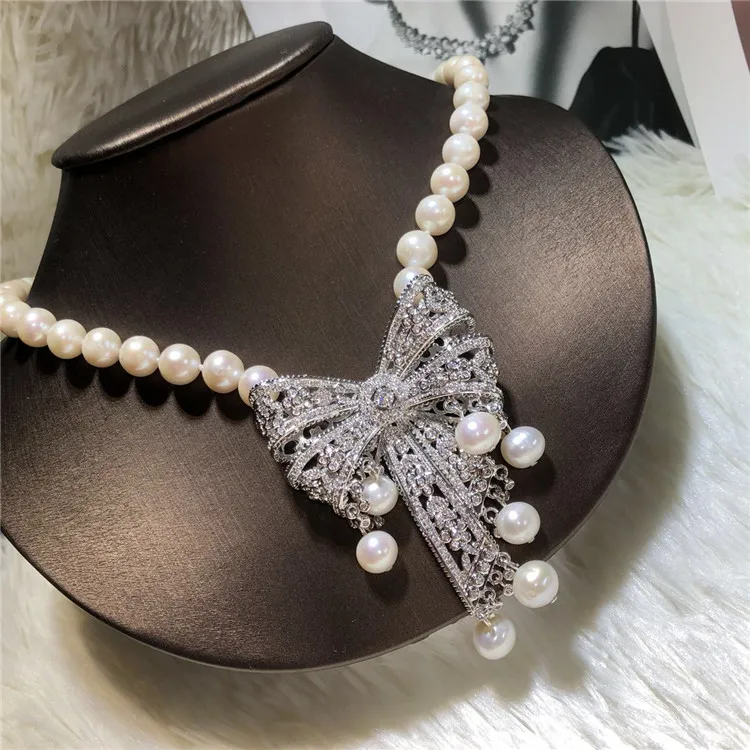 Hand knotted 9-10mm white natural freshwater pearl bowknot micro inlay zircon necklace fashion jewelry | Украшения и аксессуары