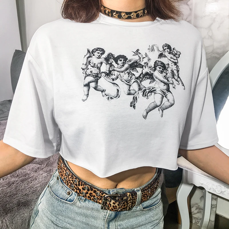 Harajuku Angel Print Белая укороченная Футболка женские свободные топы с коротким рукавом