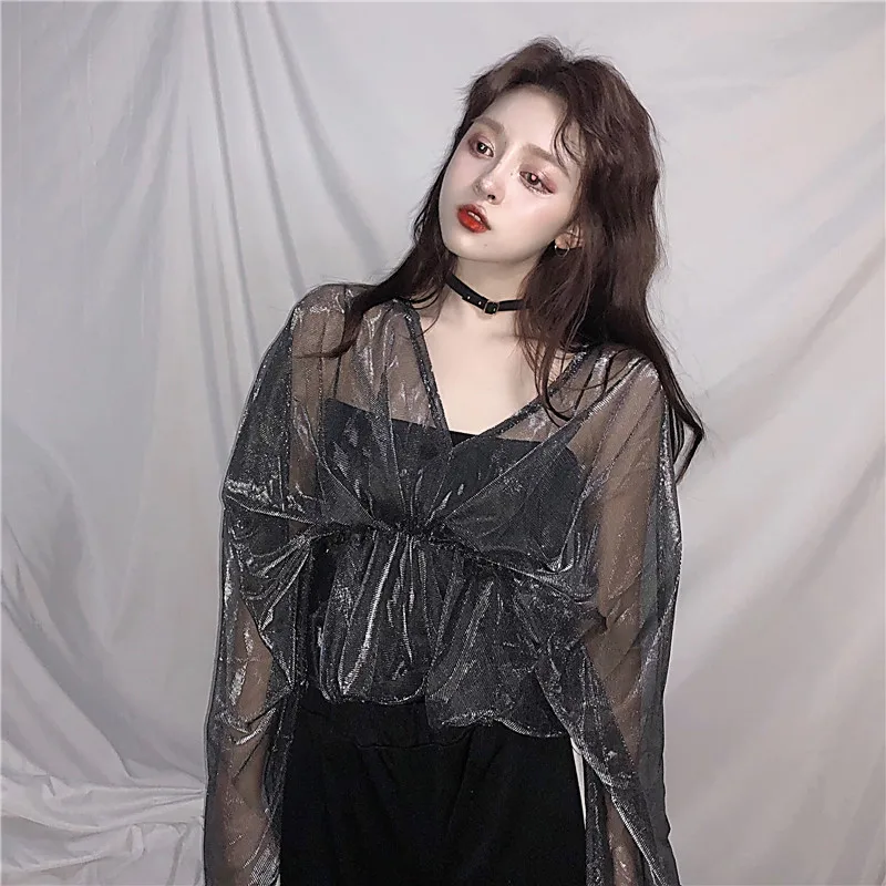 Новая летняя женская одежда ulzzang корейский хипстер свободная Чистая Пряжа перспектива летучая мышь рукав полный v-образным вырезом Горячая линия bling smock