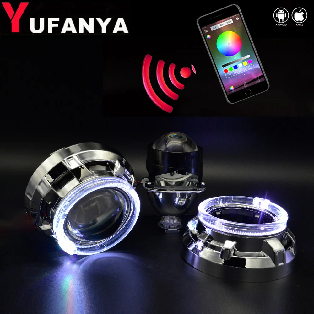 Автомобильный биксеноновый прожектор 2 5 дюйма с приложением RGB Bluetooth ангельские
