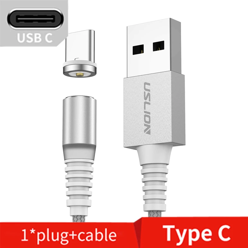 USLION светодиодный магнитный Micro usb кабель для передачи данных для samsung S10 type-c зарядный Магнитный зарядный адаптер usb type-C Мобильные кабели - Цвет: Silver For Type C