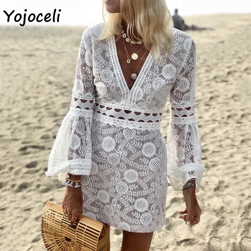 Yojoceli сексуальное богемное пляжное кружевное платье для женщин белое с кружевами