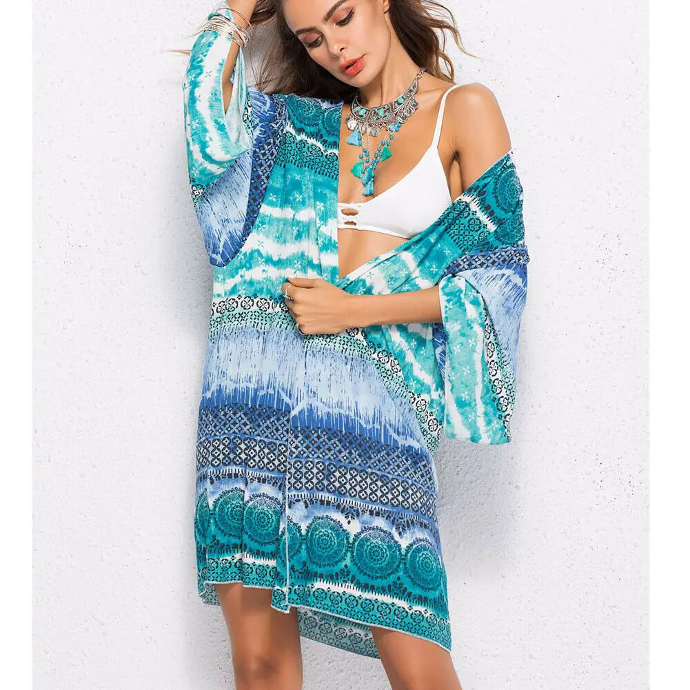 Летнее женское шифоновое кимоно Boho накидка с цветочным принтом пляжный бикини