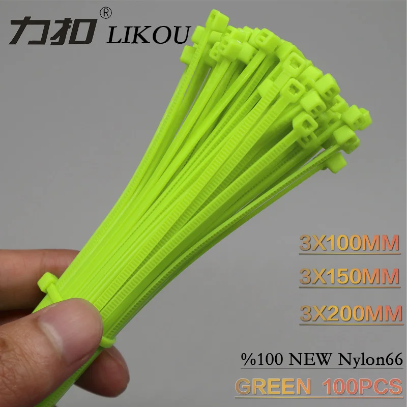 LIKOU Зеленый Нейлон Кабельные стяжки 3*100 мм 3*150 3*200 100 шт./пакет пластмассовая