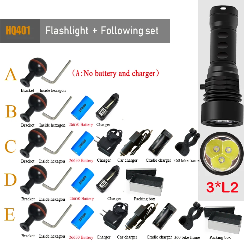 diving flashlight F Светодиодный водонепроницаемый светильник-вспышка для дайвинга, погружение L2, подводный УФ-светильник, 100 метров, светодиодный фонарь, лампа для кемпинга, используется батарея 26650 18650 - Испускаемый цвет: diving flashlight F