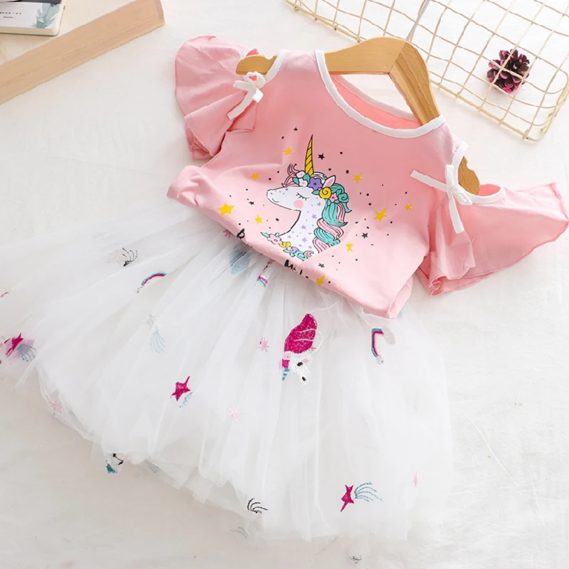 Girls Unicorn Dresses 2019 New lovely girls tee shirt and pink dress clothes set kids Summer children clothing 3 8Y | Детская одежда и