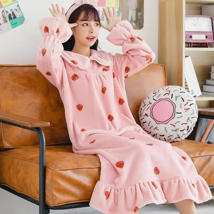 1830 pink starwberry Осень и зима милый коралловый бархат утолщение халат женский плюс длинный фланелевый lounge дамы оборками воротник ночная рубашка халат - Цвет: 1830 pink starwberry