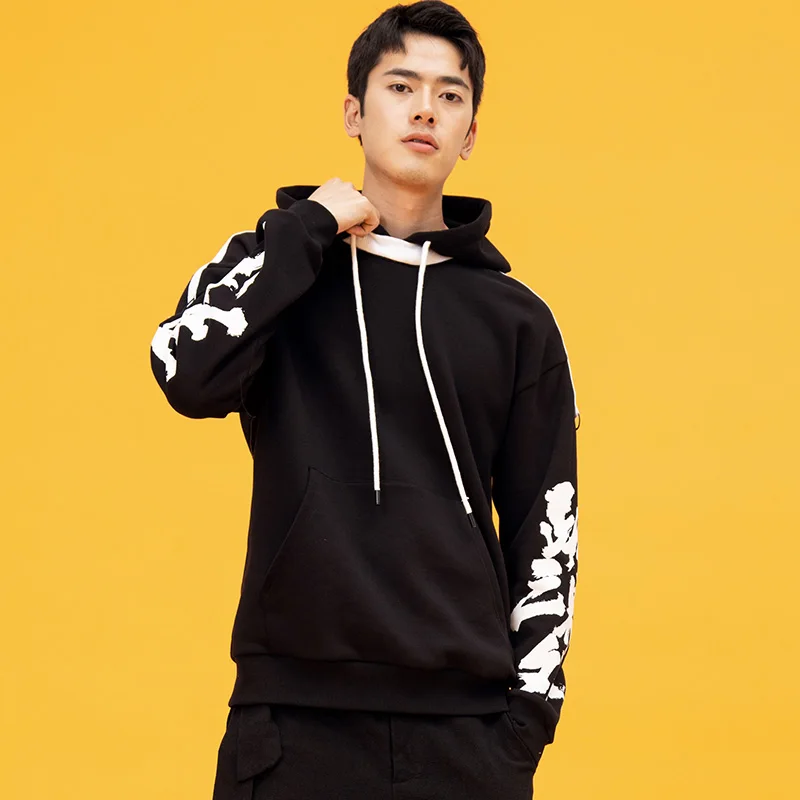 Houxu Men Hoodies Black Hooded Sports Youth Autumn Oriental Style Loose Printed Long-Sleeved Couple Male | Мужская одежда