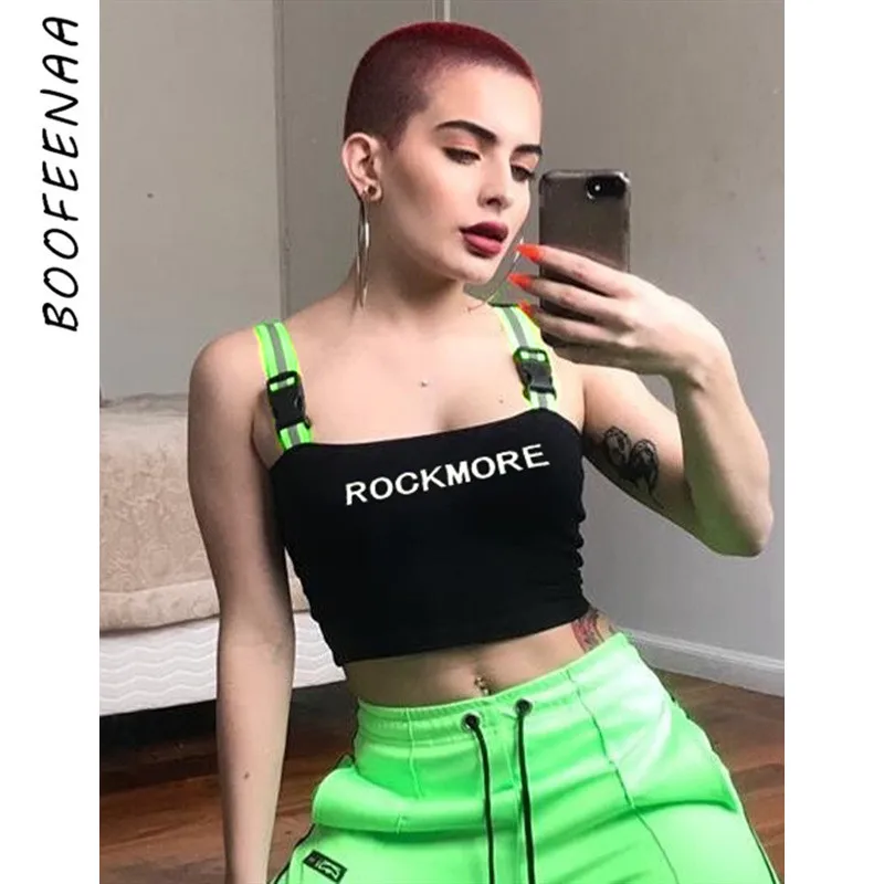 BOOFEENAA пикантные Топы женские 2019 неоновый светоотражающий ремешок Пряжка Черный