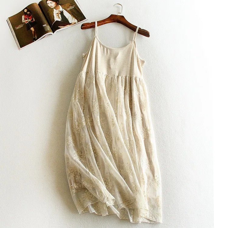 Autumn and winter emboridery lace inner underskirt spaghetti strap medium long gauze women dress