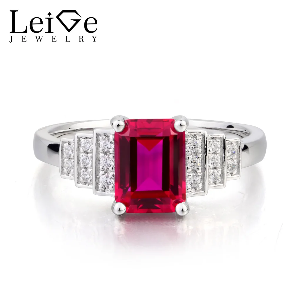 

Leige Jewelry January Birthstone Lab Ruby Ring Cocktail Party Ring Emerald Cut Red Gemstone Solid 925 Sterling Silver Ring Gifts