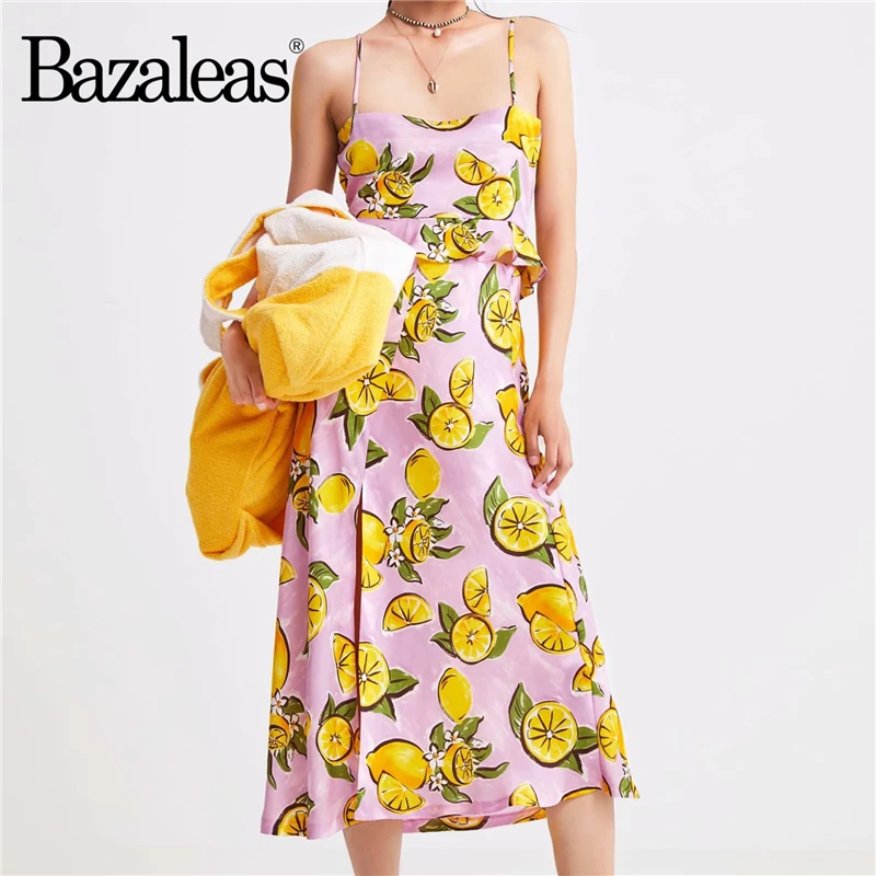 Женская блузка Bazaleas розовая с лимонным принтом винтажный короткий топ и юбка