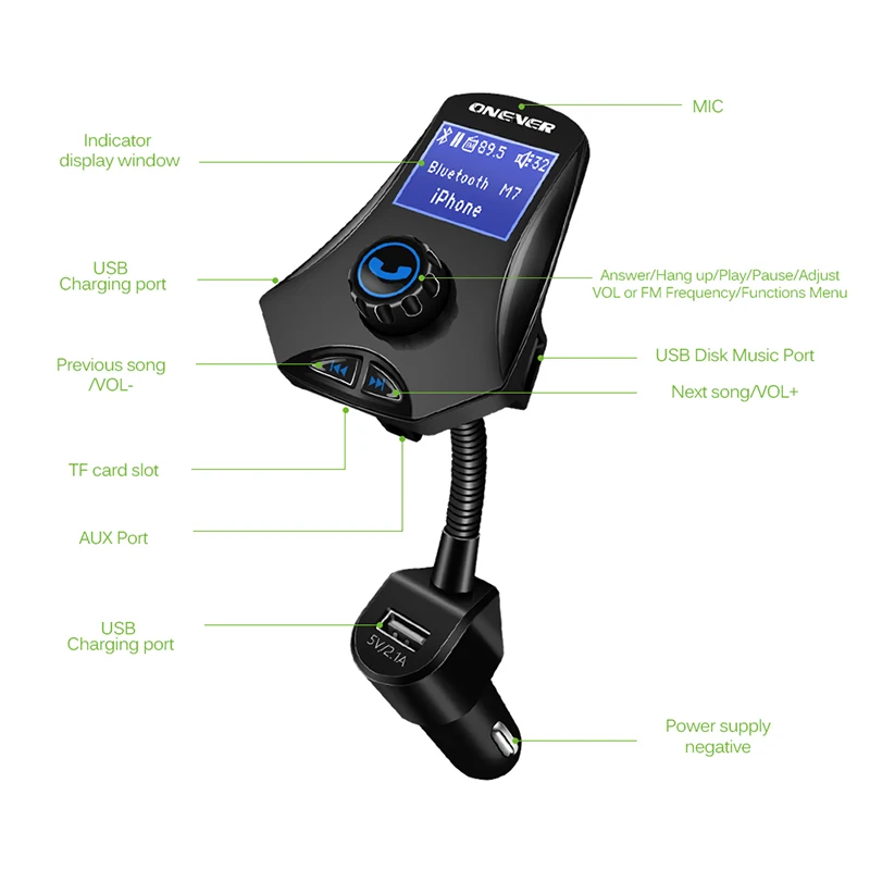 Onever вращающийся Bluetooth fm-передатчик автомобильный комплект 3.1A 3 USB Автомобильное