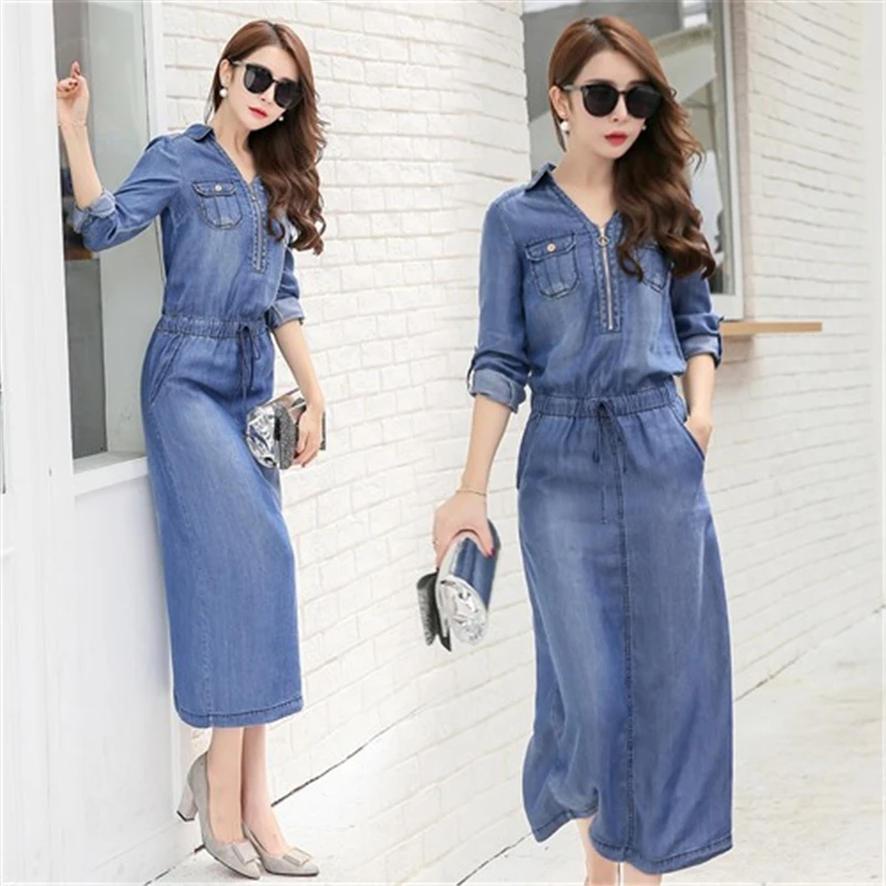 Женское джинсовое платье с длинным рукавом и V образным вырезом|plus size dress|women denim