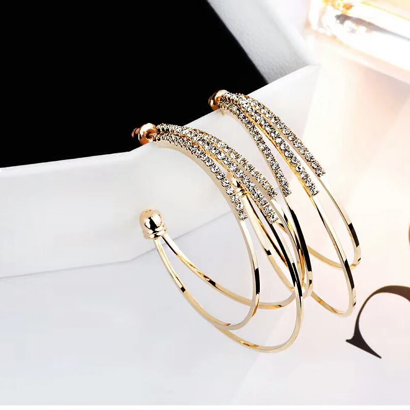 2019 Hyperbole Multilayer Big Round Hoop Earrings Shining Gold Silver Color Rhinestone Earring for Women Girl Wedding Party | Украшения и