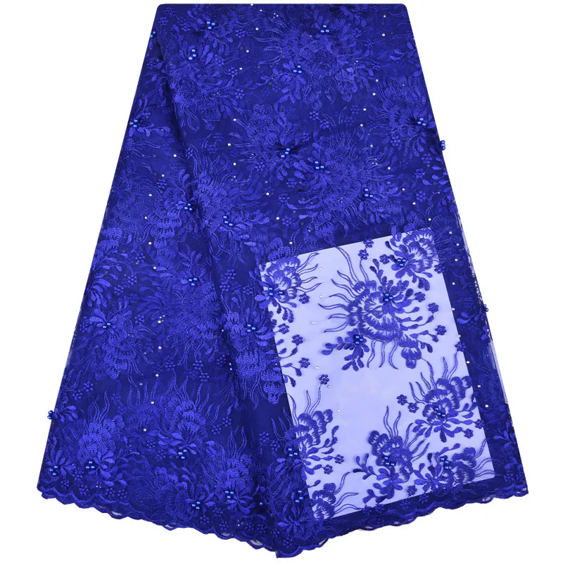 

Модное синее Африканское французское Сетчатое кружево с бисером, кружевная ткань для женского платья, нигерийские кружева, ткань, тюль для ...