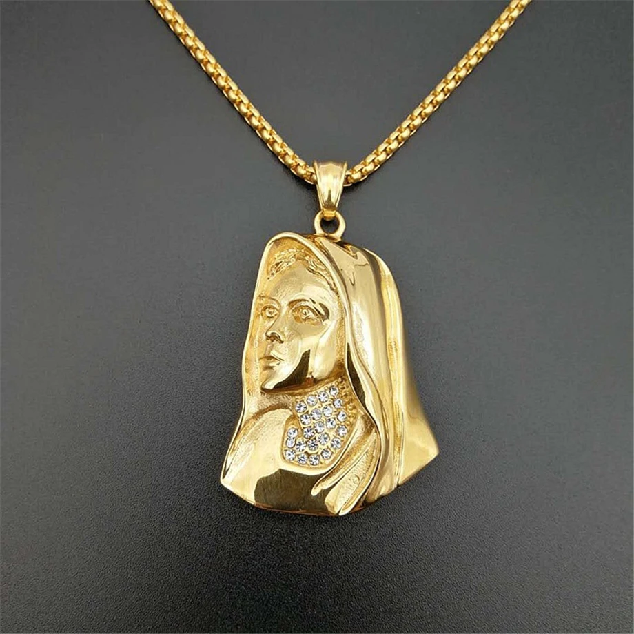 

Iced Out Virgin Mary Necklace & Pendant With Stainless Steel Chain Gold Color Bling Cubic Zircon Men's Hip hop Jewelry For Gift