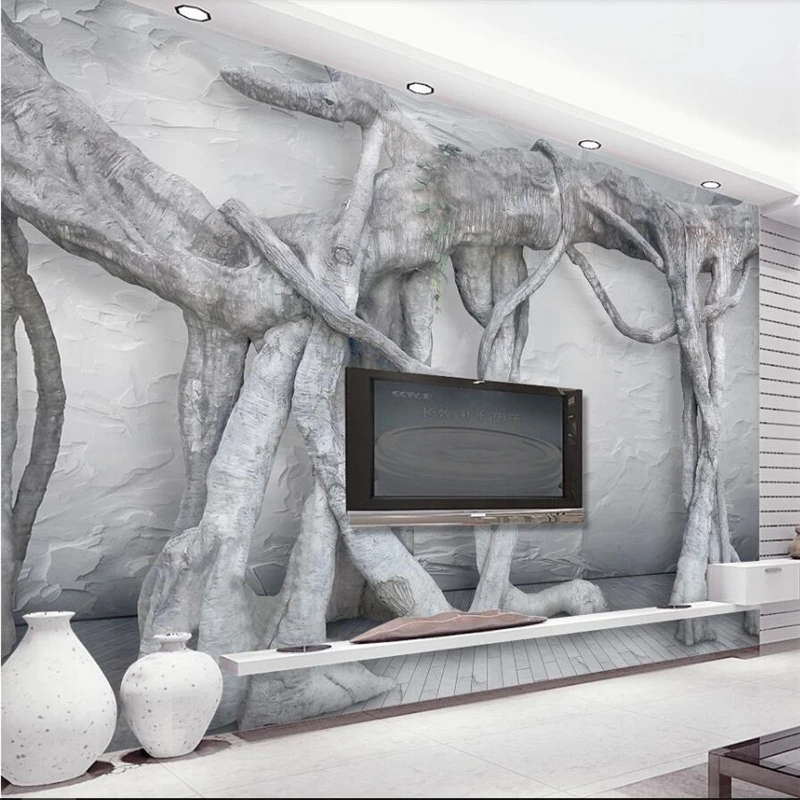 

wellyu 3D three-dimensional art tree root literary virgin forest TV background wall custom large mural green wallpaper