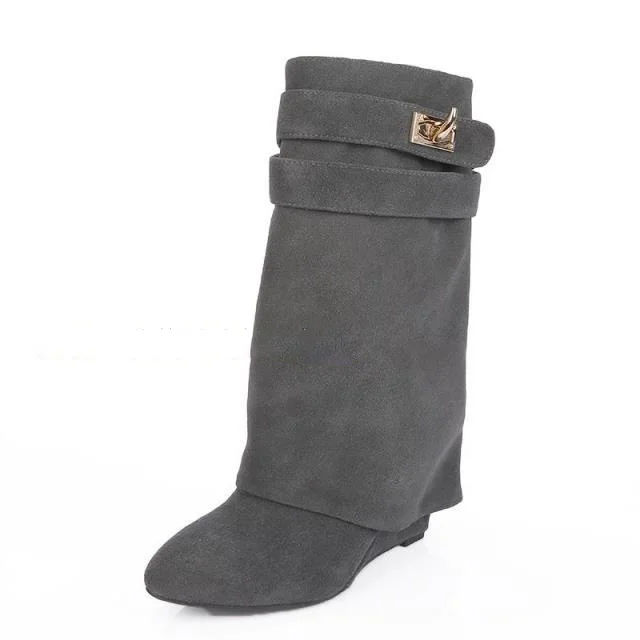 grey suede "Shark Lock; женские дизайнерские сапоги Острый носок из натуральной кожи, визуально увеличивающие рост; туфли-лодочки на танкетке и среднем ботинки до середины икры женская шикарные сапоги Kelly - Цвет: grey suede