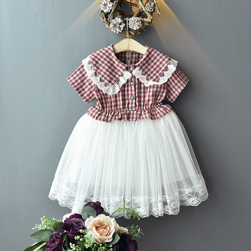 

Toddler Girl Dresses 2019 Summer Fashion Big Turn Down Collar Plaid Lace Mesh Patchwork Princess Dress Baby Party Dress 2-7Years