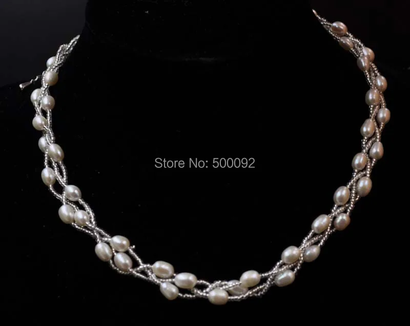 

genuine 3strands 5-6mm rice freshwater pearl necklace