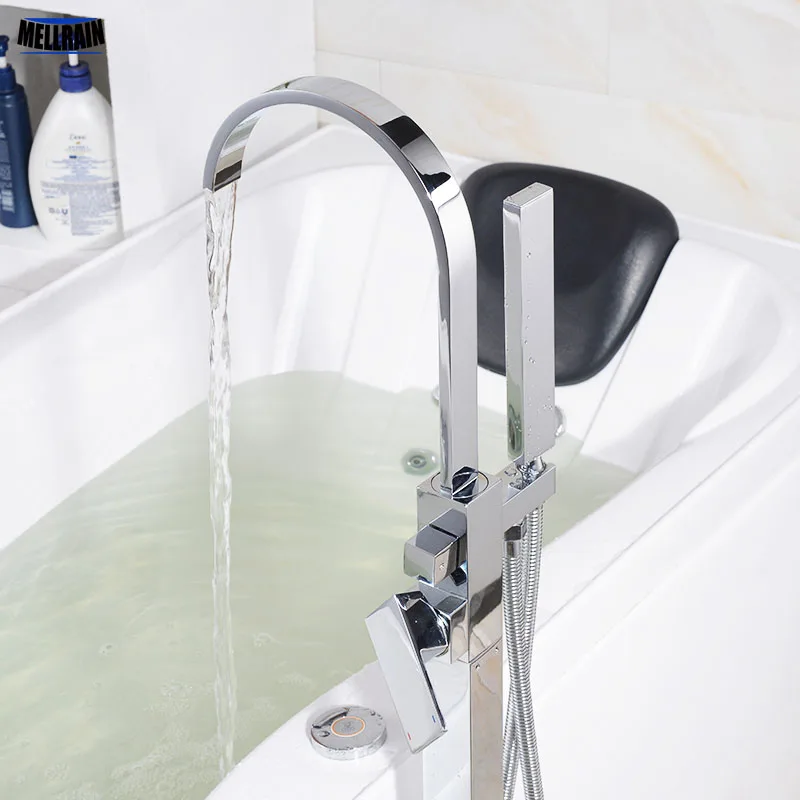 

Bathroom Floor Stand Bathtub Water MIxer Faucet Brass Chrome Plated Waterfall Bath Tub Faucet High Quality Square Shower Set Tap