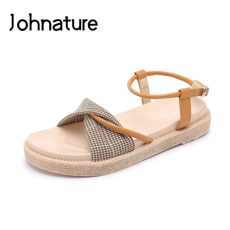 

Johnature Casual Buckle Strap Summer Sandals Plaid Sewing Flat With 2021 New Platform Shoes National Style Concise Women Shoes