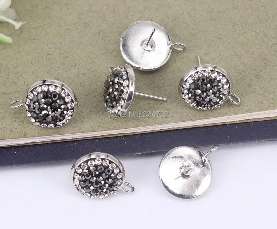 10Pairs Round Shape Stud Earrings 10 / 14mm Rhinestone Beads Metal Silver Post Earring with Loop | Украшения и аксессуары