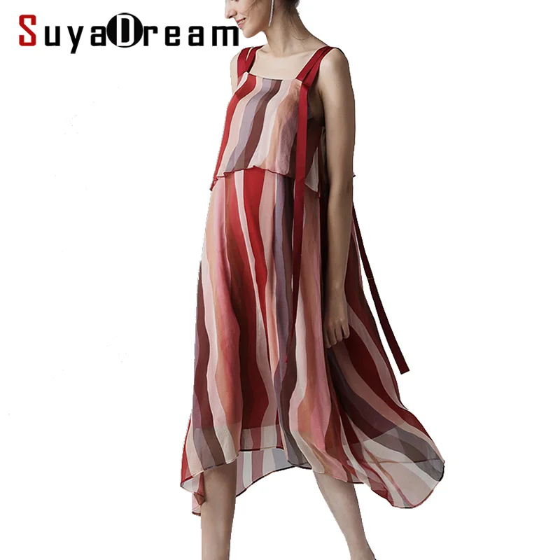 

Женское шелковое платье, 100% шелк, жоржет, Полосатое Платье с принтом, повседневные платья на бретельках для женщин, лето 2022