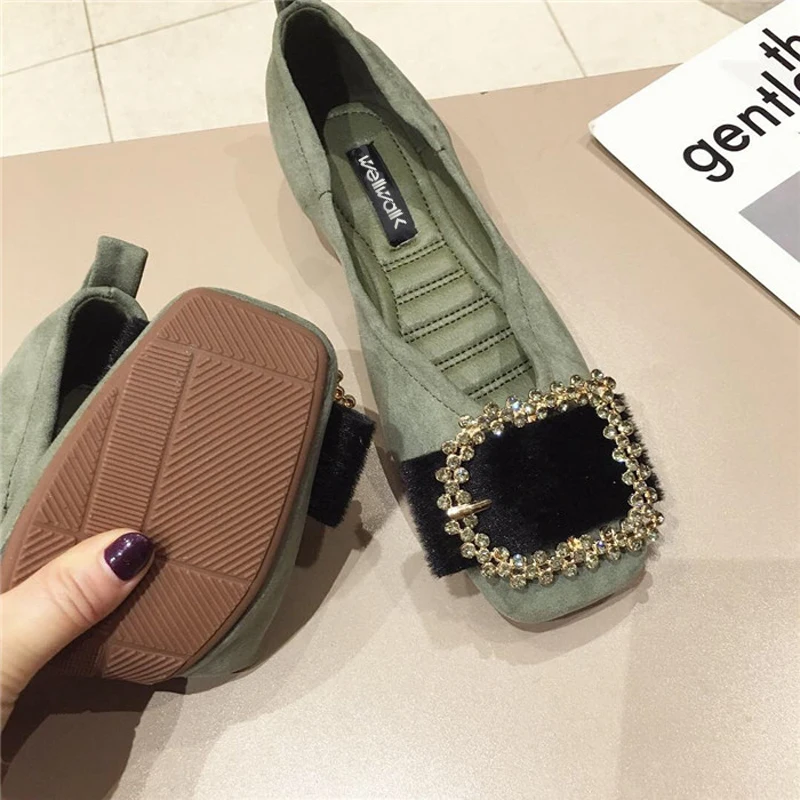 Wellwalk Crystal Buckle Ballerinas Ladies Flat Casual Shoes Women Square Toe Moccasins Mixed Color Ballet Flats Female Loafers