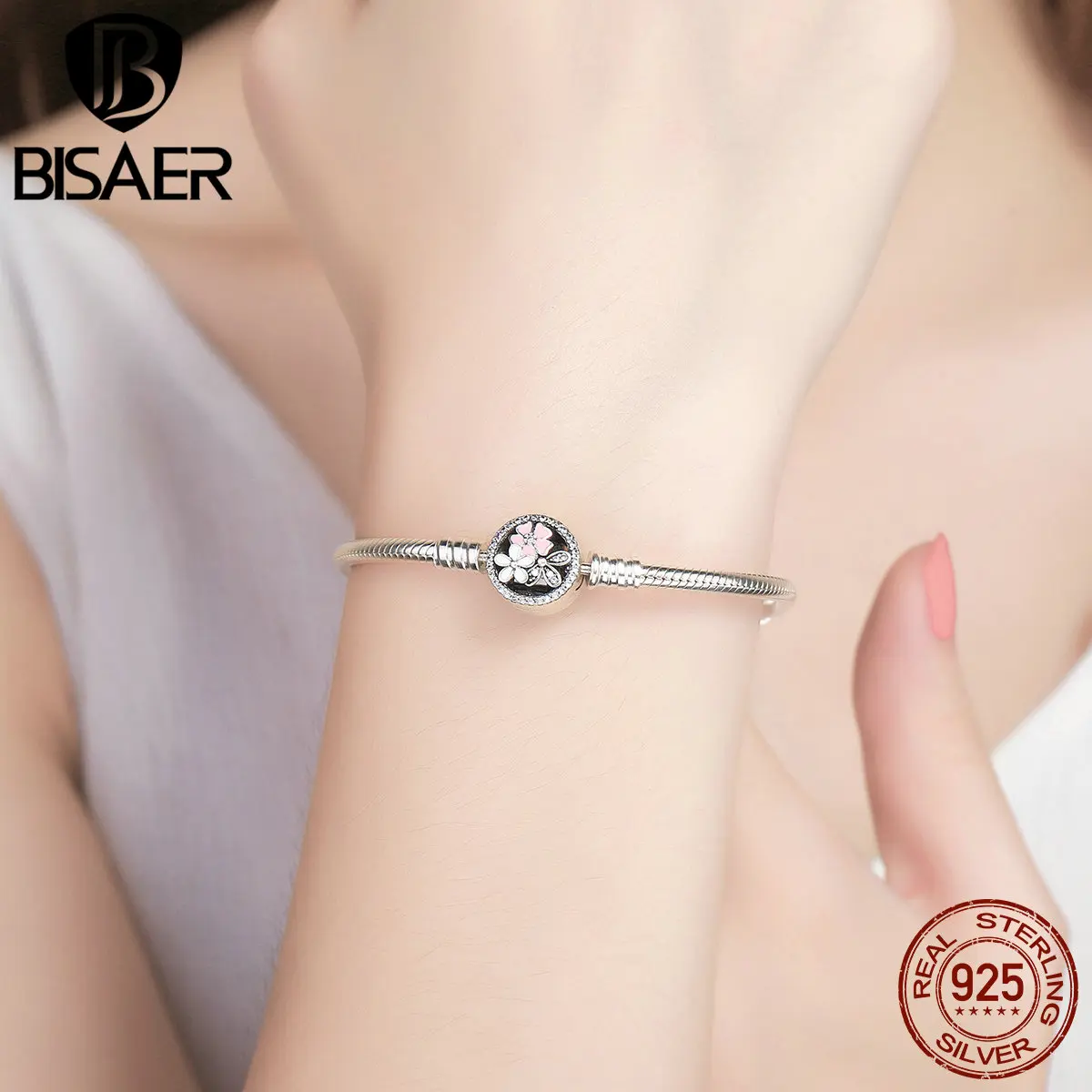 BISAER, 925 пробы, серебряный, розовый цветок, поэтическая Маргаритка, вишневый цвет, базовый браслет-цепочка для женщин, модное ювелирное изделие, WEUS919