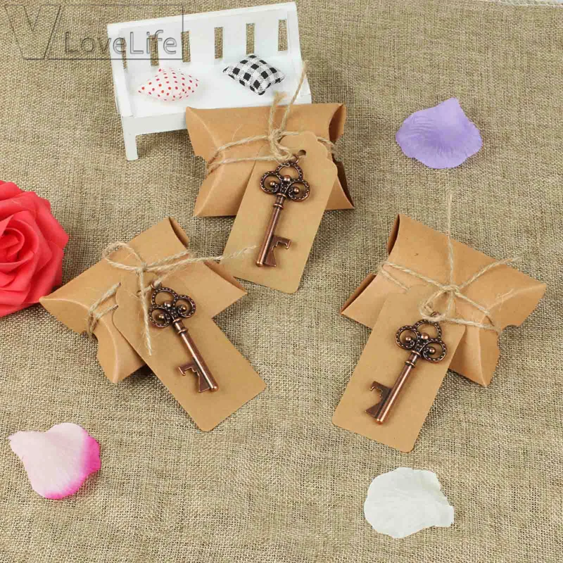 

10Pcs Kraft Paper Pillow Candy Gift Box with Key Bottle Opener Wedding Souvenirs Party Decor Favors For Guest Blank Label