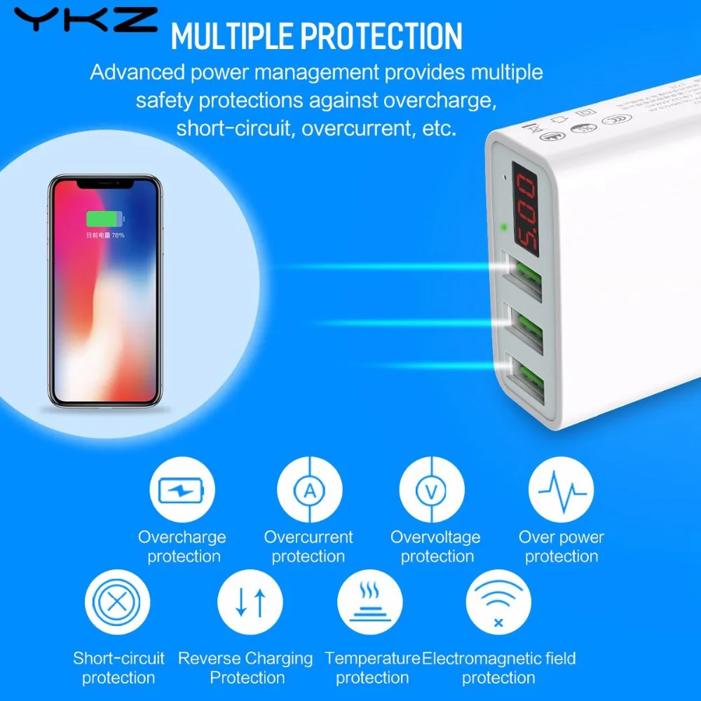 YKZ 3 USB порт зарядное устройство адаптер Светодиодный дисплей ЕС Plug Max 3.0A умная
