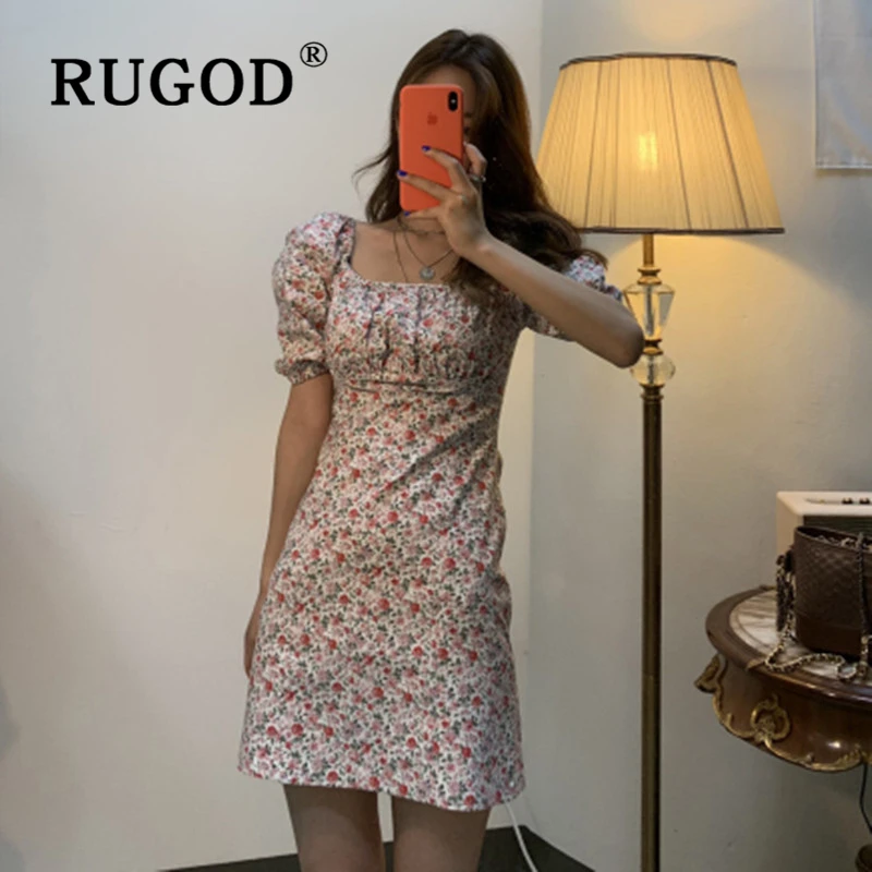 Женское платье RUGOD винтажное мини с цветочным принтом корейское шикарное офисное