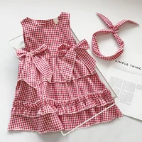 toddler girls dresses summer plaid kids princess dress bow decoration kids clothes with hairband children dress 1 6y