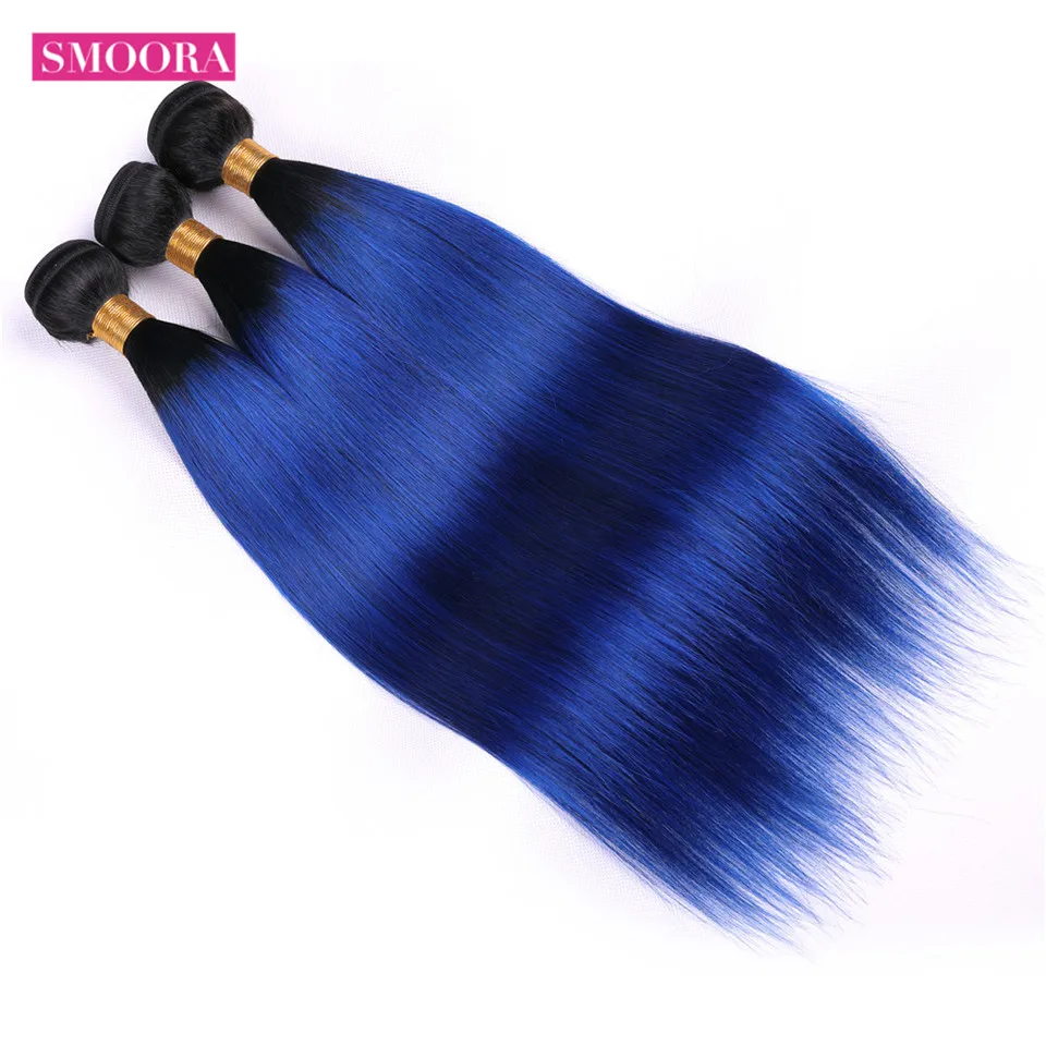 Smoora Ombre 1B/синие бразильские волосы, 3 пучка, прямые, не Реми, Омбре, человеческие волосы, плетение, пучки с кружевом, 4*4, часть