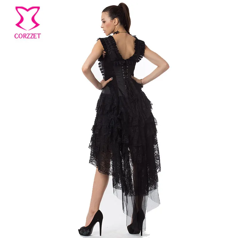Черное цветочное многослойное кружевное викторианское платье-корсет с рюшами