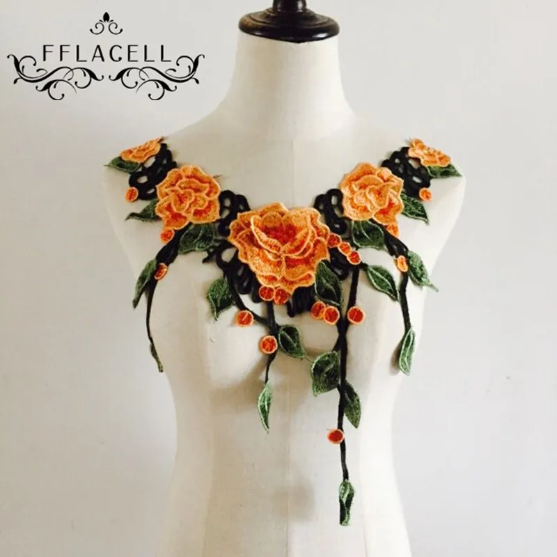 FFLACELL цветок цветочного гипюра воротником из кружев Вышитое на шею аппликация