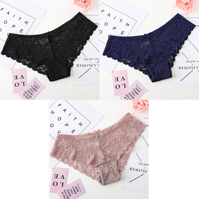 black blue pink 3 шт., трусы для женщин, нижнее белье, сексуальные кружевные дышащие женские трусики, прозрачные трусы, сексуальное нижнее белье для женщин, M-XXL BANNIROU - Цвет: black blue pink