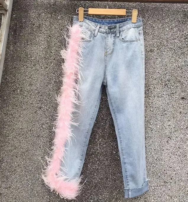 ostrich feather Весенняя мода, уличная одежда, ручная работа, бисероплетение, кисточки, джинсы для женщин, джинсовые штаны для женщин - Цвет: ostrich feather