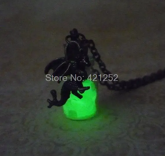 

12pcs/lot Glow In The Dark Necklace Dragon charm Fantasy green Glowing Jewerly in bronze