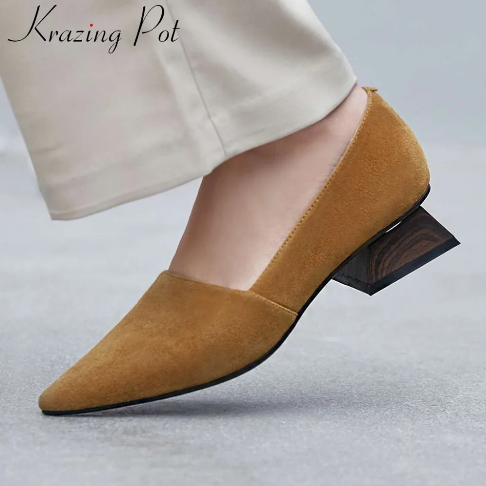 Krazing Pot European popular concise pumps genuine leather block low heels slip on solid vintage pointed toe clubwear shoes L25
