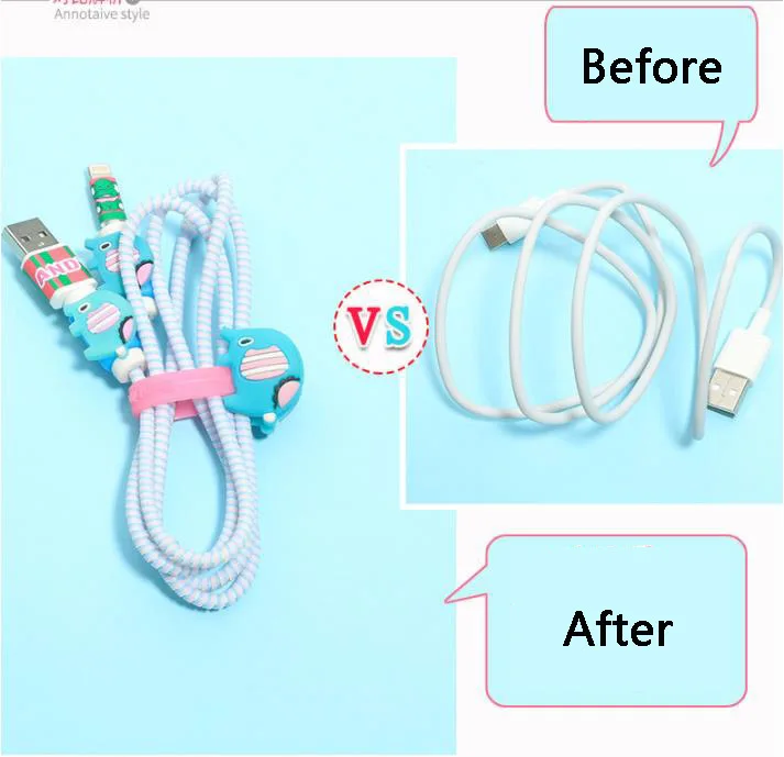 Новые мультяшный usb-кабель протектор для наушников комплект с коробкой кабеля Стикеры для намотки спиральный usb-шнур с зарядным устройством для iPhone 7 7 плюс 6 6s 8 X