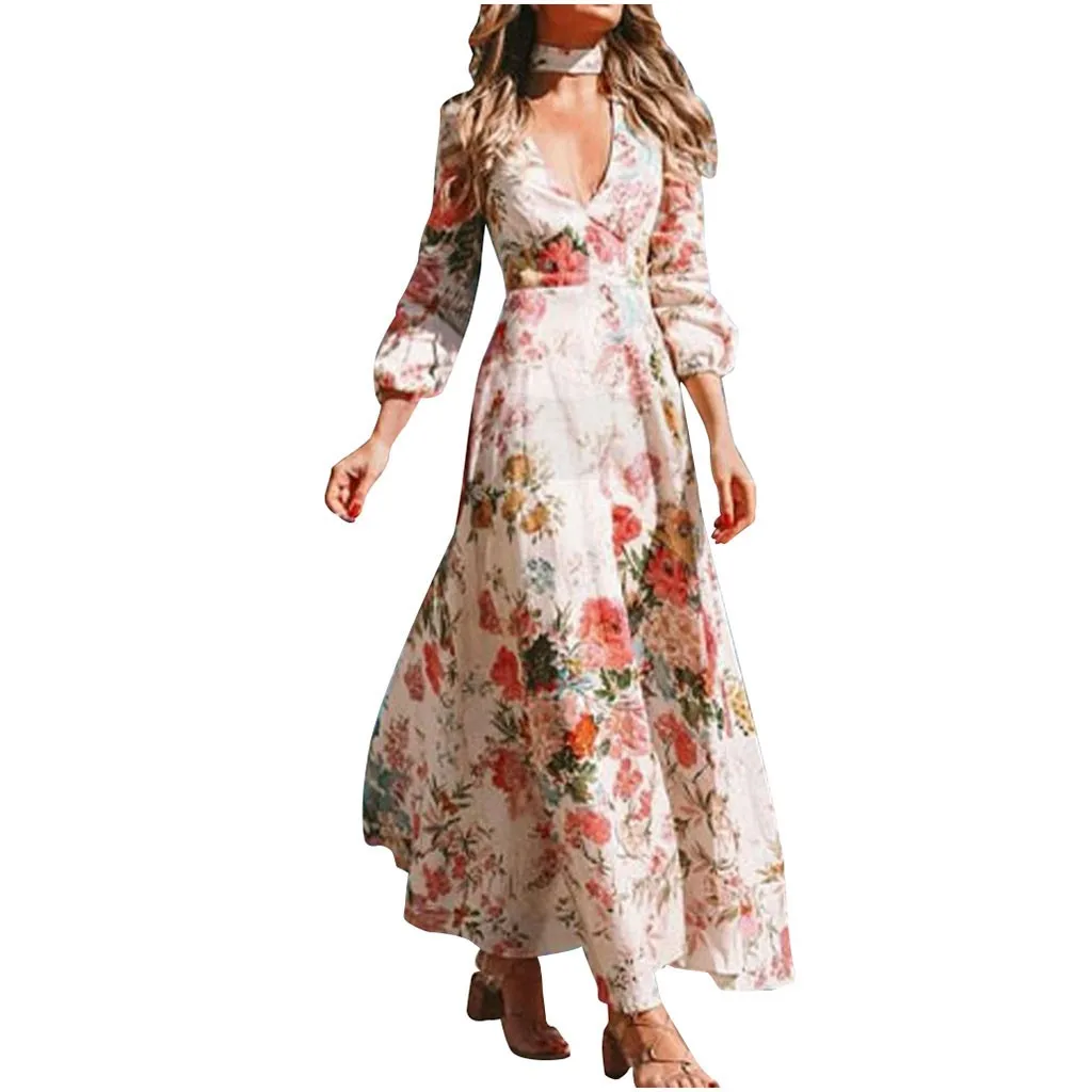 

2019 Summer New refreshing fashion women's sexy long-sleeved printed sling V-neck long dress robe femme vestidos de verano 40*