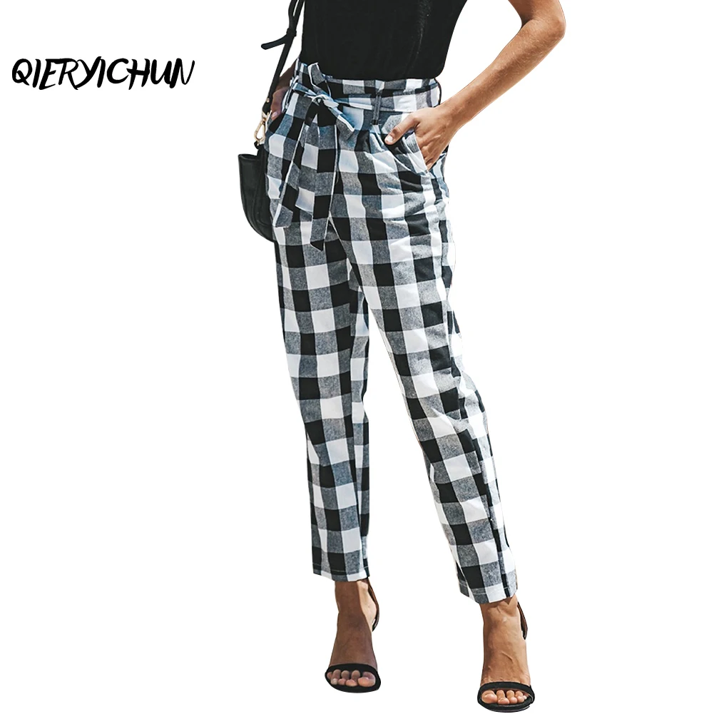 High Quality Women Fashion Autumn Plaid Waist Pants Ankle-Length Elegant Office Ladies Trousers Female | Женская одежда