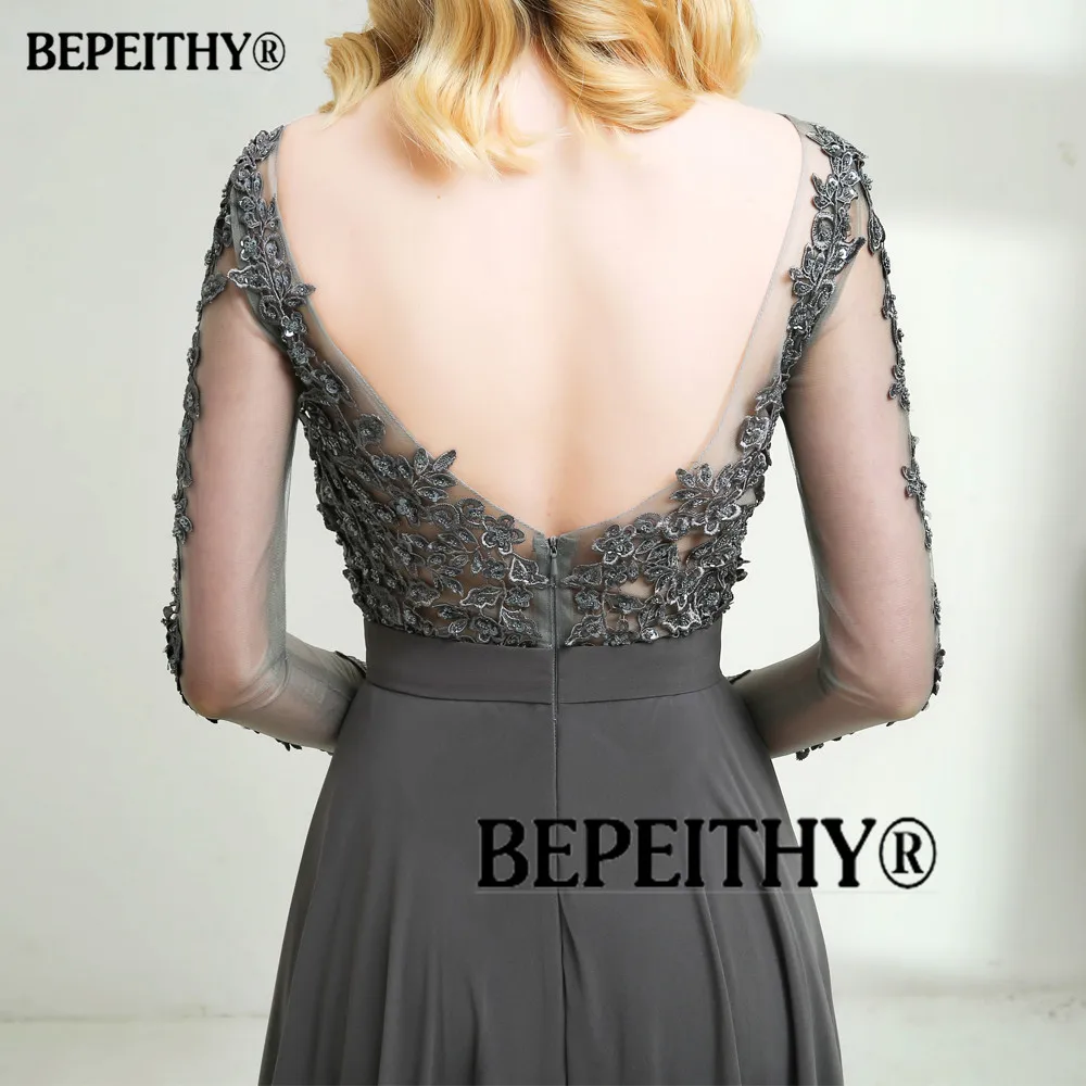 Vestido de festa, серое шифоновое длинное вечернее платье, сексуальное, с открытой спиной, с длинными рукавами, кружевное платье для выпускного вечера, Vestido Longo
