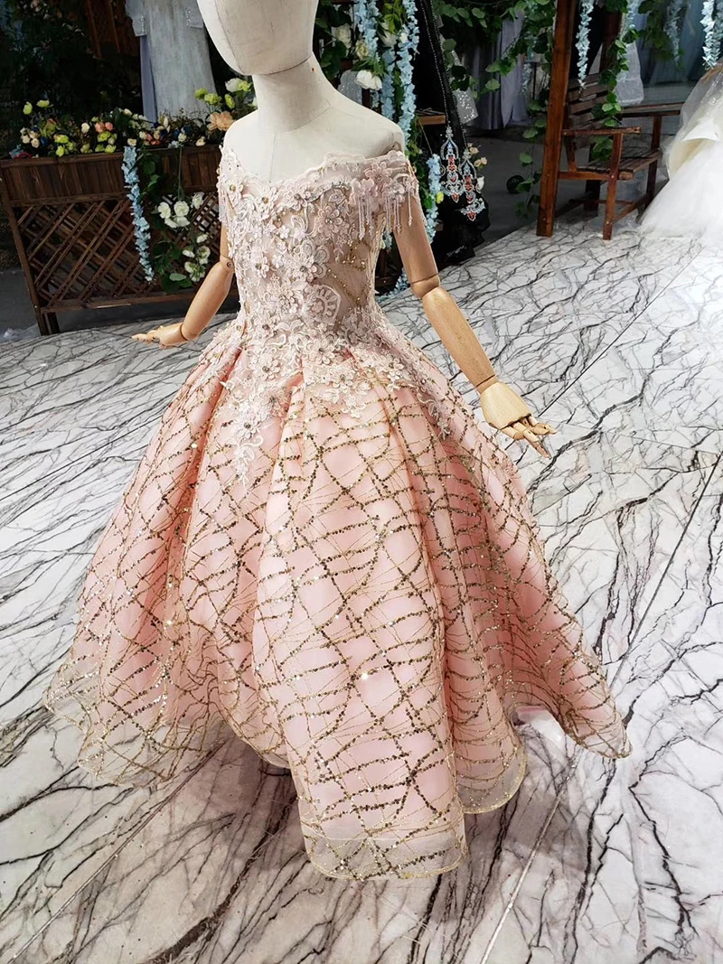 LSS530t розовое Пышное нарядное платье для девочек с открытыми плечами кисточкой