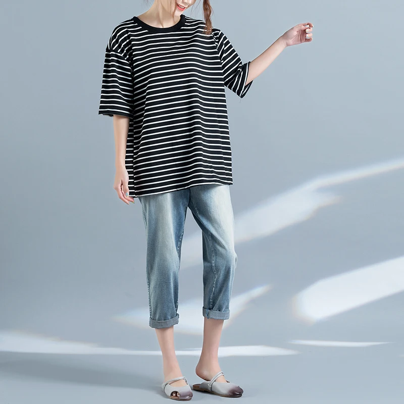 ZIPIPIYF 2017 spring and summer original size MM fat stripe casual T-shirt cotton blouse dress |